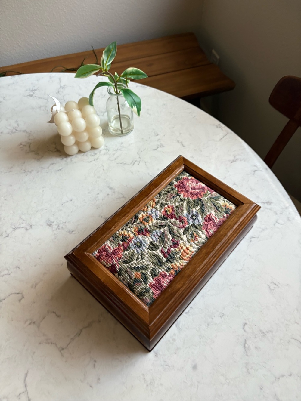 Vintage Floral Tapestry Wooden Jewelry Box - Cream, Pink & Green